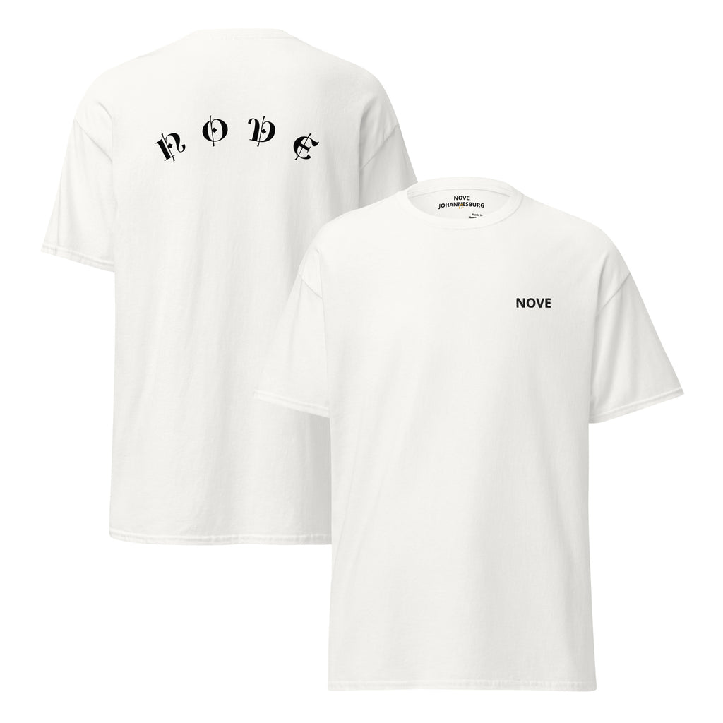 NOVE white heavyweight tee , front & back view